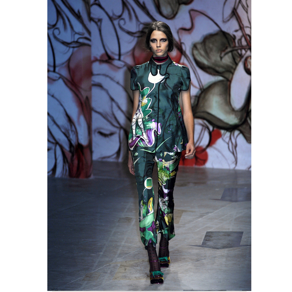 Prada Fairy James Jean Green Print Silk Top Runway Spring 2008 Basha Gold