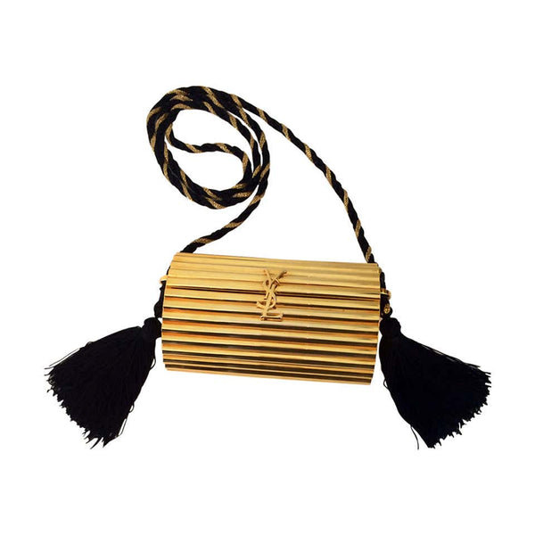 YSL Vintage Collector Gold Minaudière black tassel passementerie 80s -  Katheley's