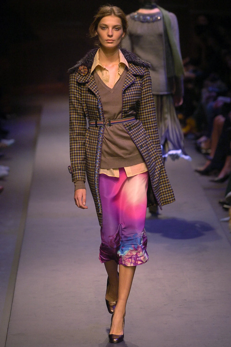 PRADA FALL 2004 PURPLE PINK OMBRE SCENIC PRINT SILK SKIRT