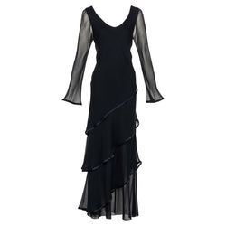 Holly’s Harp Black Silk chiffon Layered Maxi Dress 1970s