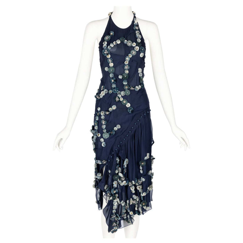 Chloe Blue Silk Embellished Halter Open Back Dress Runway F/W 2008