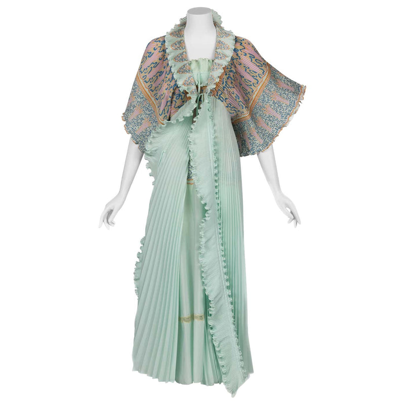 Zandra Rhodes Mint Green Printed Pleated Caftan Dress Set, 1970s