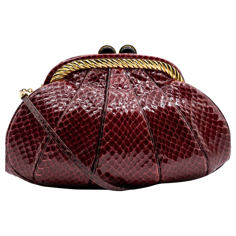 Judith Leiber Vintage Burgundy Snakeskin Gold Accent Handbag