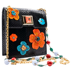 Andrew Gn Black Snakeskin Pocket Bag Beaded Appliqués & Semi-Precious Stones