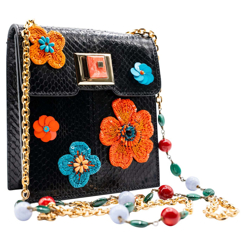 Andrew Gn Black Snakeskin Pocket Bag Beaded Appliqués & Semi-Precious Stones