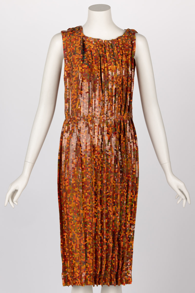 Nina Ricci Sleeveless Orange Copper Sequined Cocktail Sheath Dress, 2016