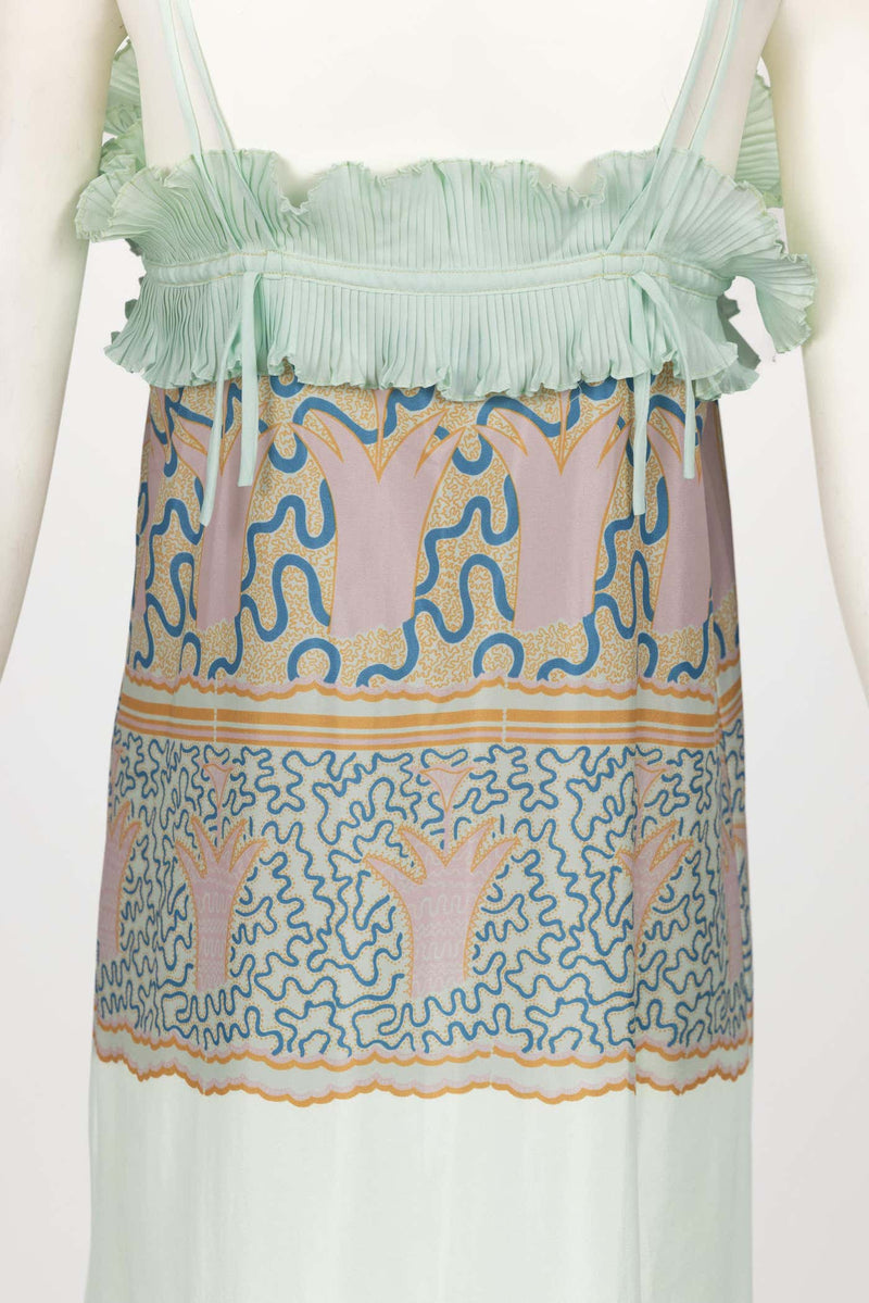 Zandra Rhodes Mint Green Printed Pleated Caftan Dress Set, 1970s