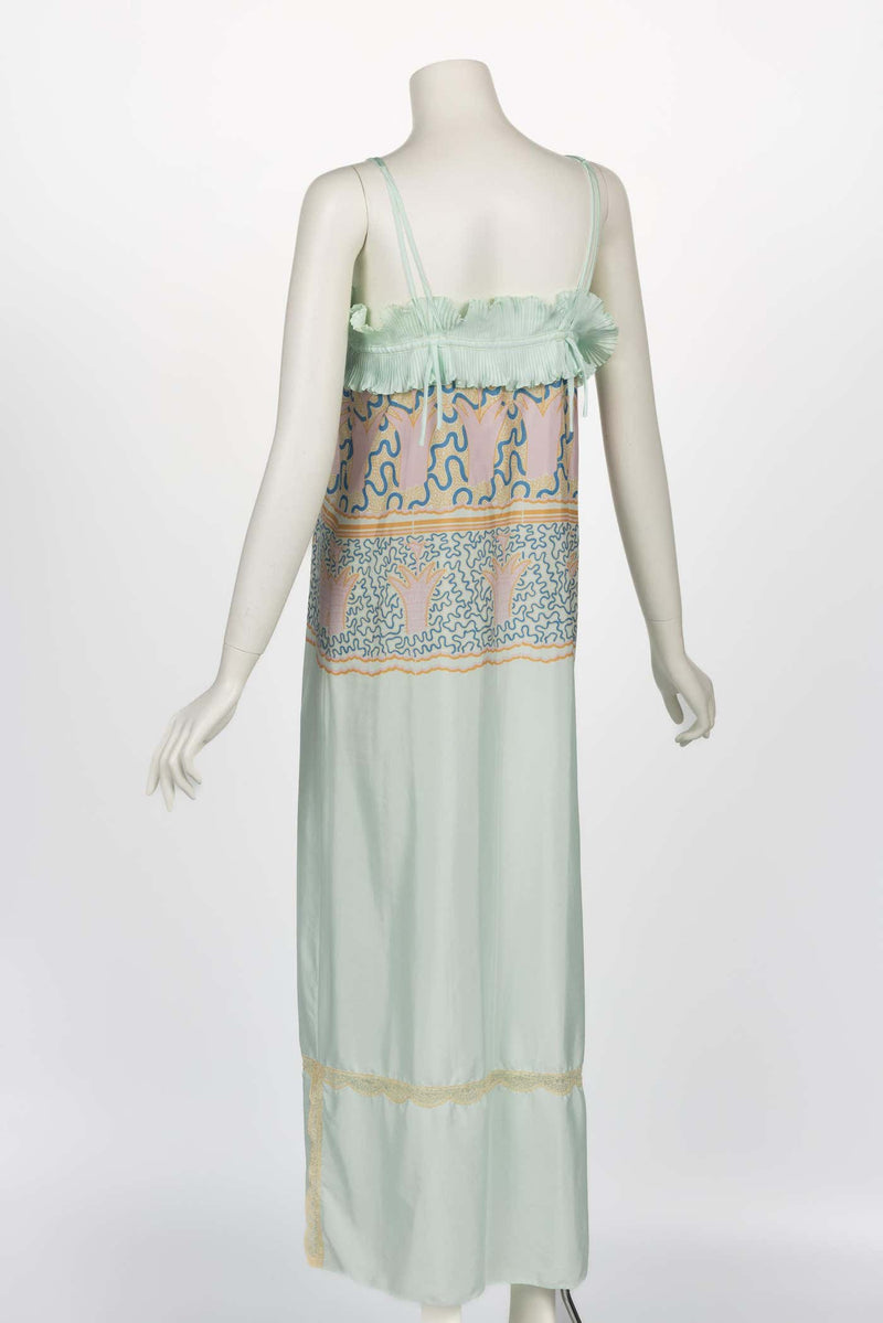 Zandra Rhodes Mint Green Printed Pleated Caftan Dress Set, 1970s