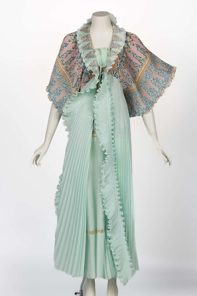 Zandra Rhodes Mint Green Printed Pleated Caftan Dress Set, 1970s