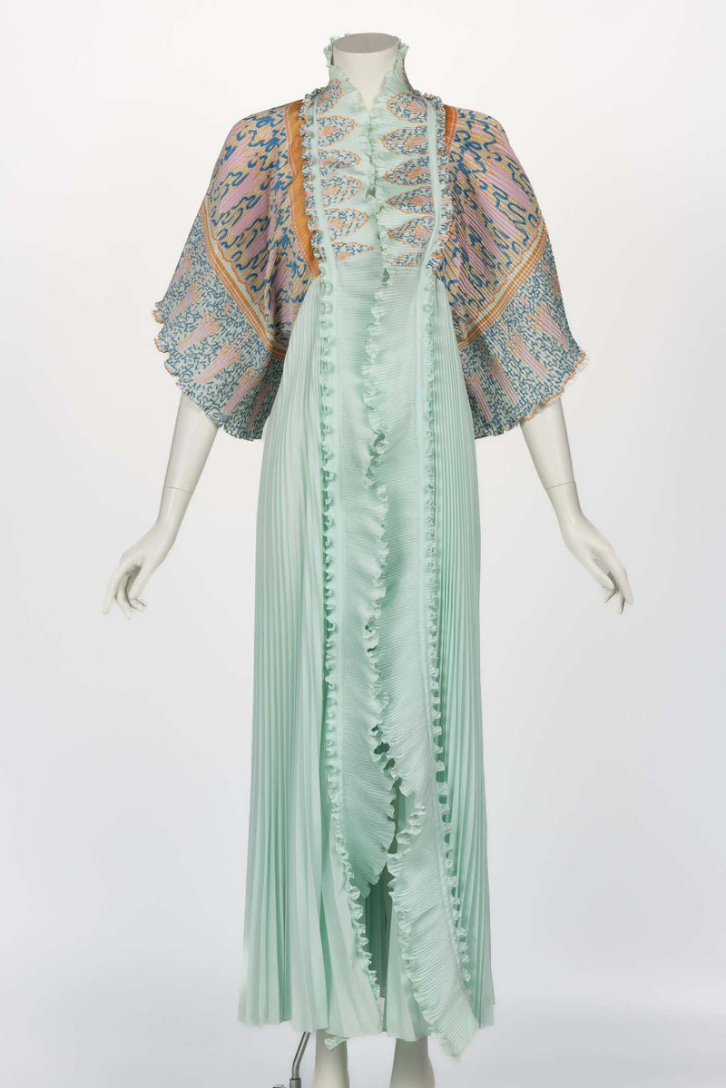 Zandra Rhodes Mint Green Printed Pleated Caftan Dress Set, 1970s