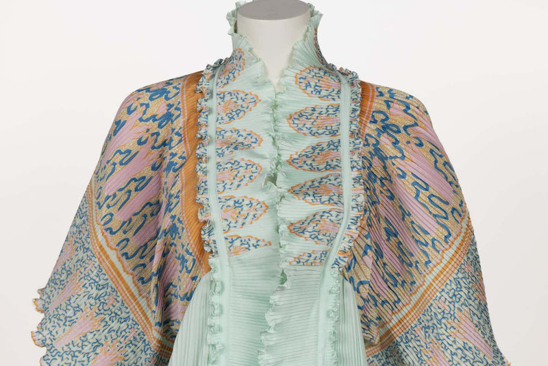 Zandra Rhodes Mint Green Printed Pleated Caftan Dress Set, 1970s