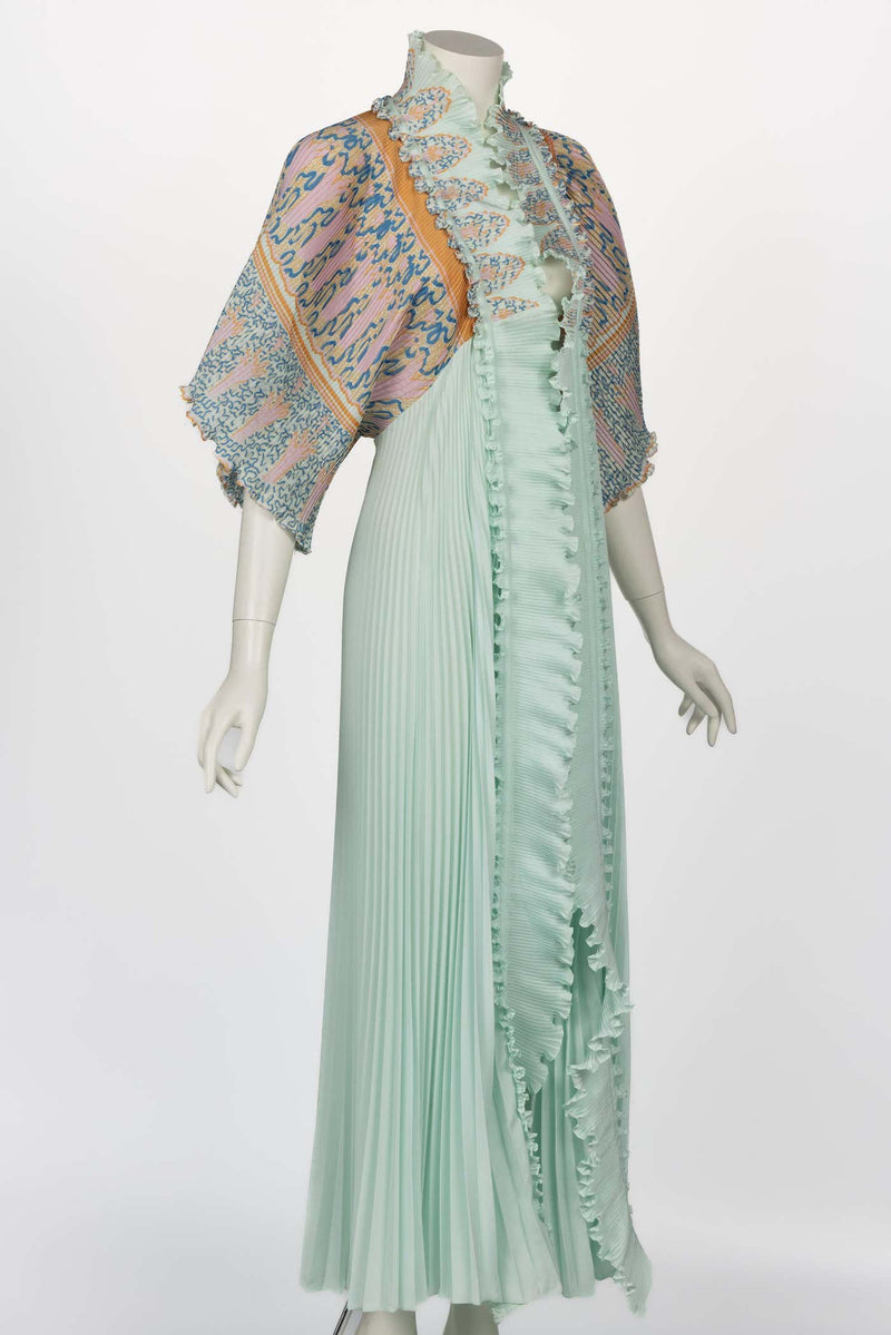 Zandra Rhodes Mint Green Printed Pleated Caftan Dress Set, 1970s