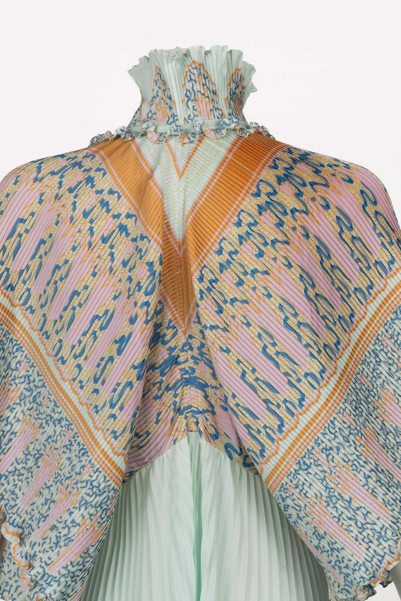 Zandra Rhodes Mint Green Printed Pleated Caftan Dress Set, 1970s