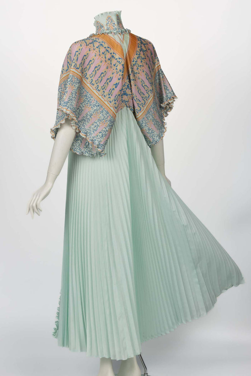 Zandra Rhodes Mint Green Printed Pleated Caftan Dress Set, 1970s