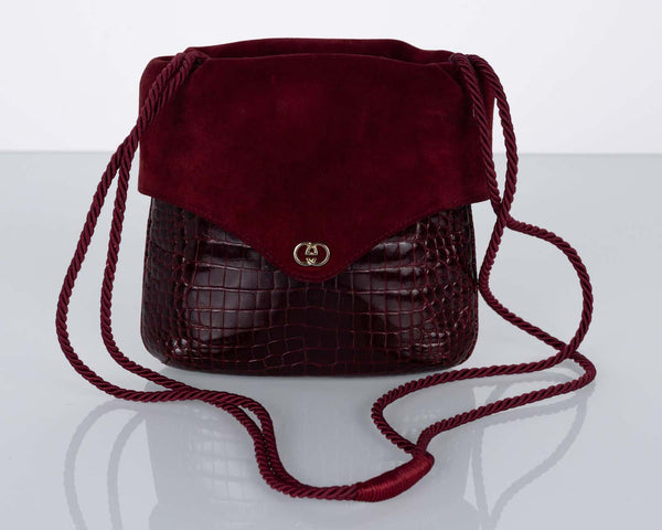 Vintage Gucci Burgundy Alligator Suede Shoulder Bag 1960s