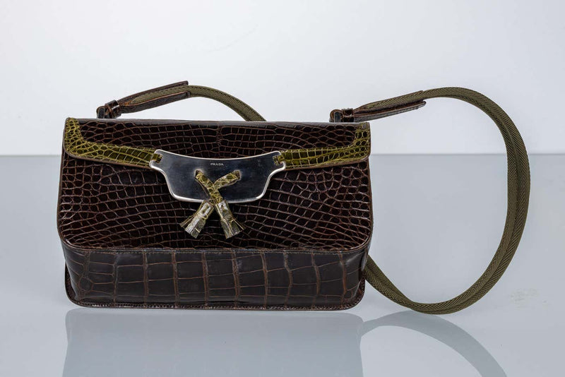 Prada Brown & Green Crocodile Shoulder Bag Y2K