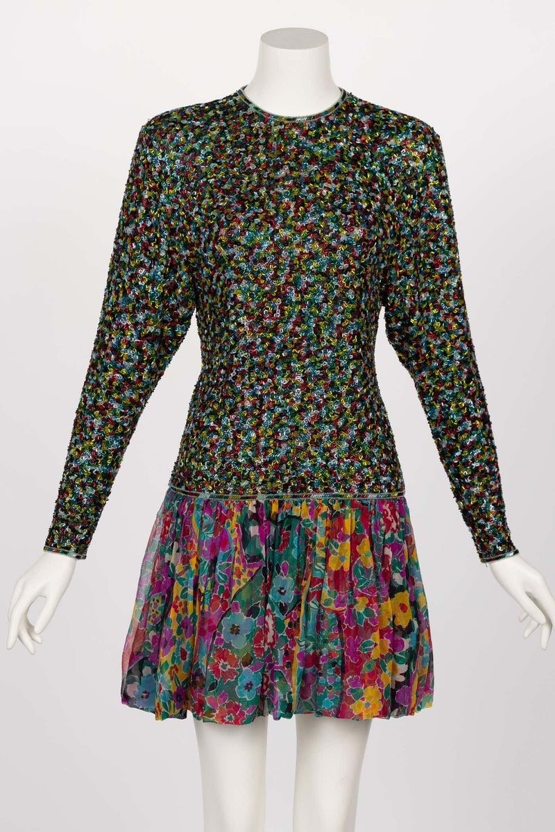 James Galanos Couture Beaded Floral Silk Mini Dress