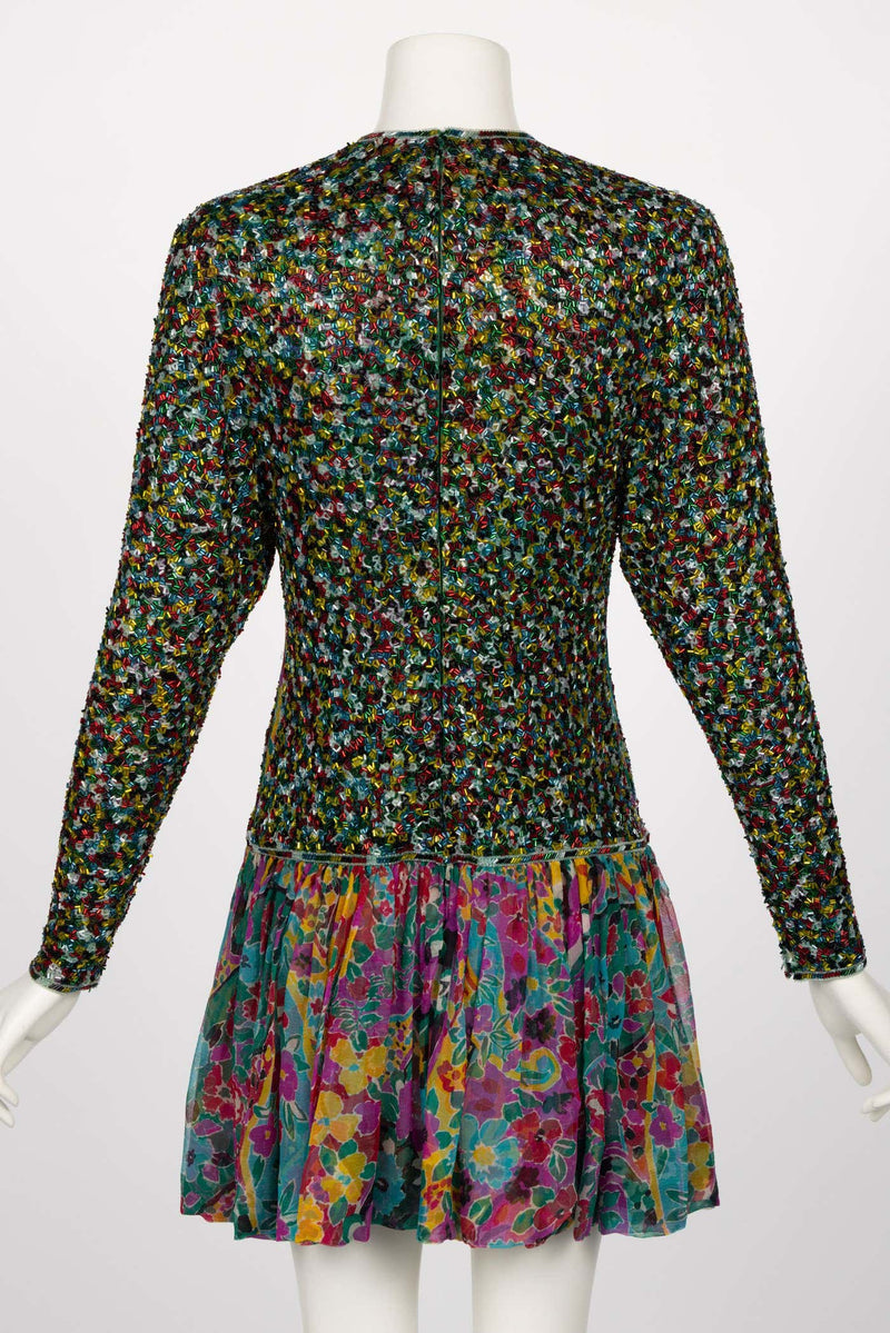 James Galanos Couture Beaded Floral Silk Mini Dress