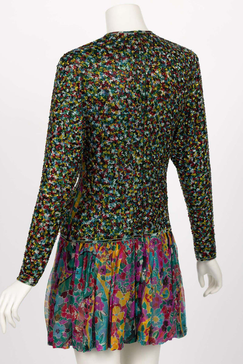 James Galanos Couture Beaded Floral Silk Mini Dress