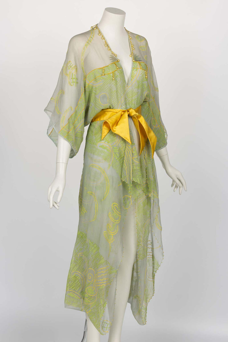 Zandra Rhodes 1970s Painted Embelished Silk Dress