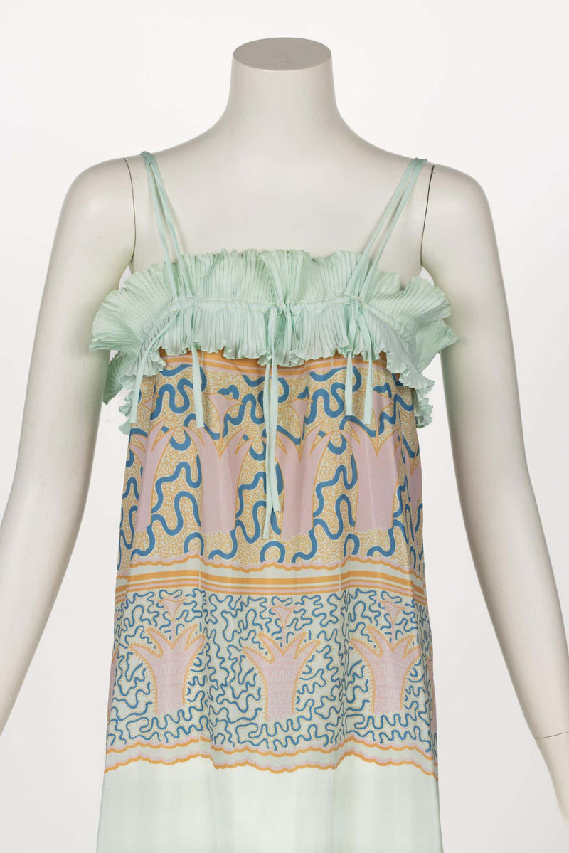 Zandra Rhodes Mint Green Printed Pleated Caftan Dress Set, 1970s