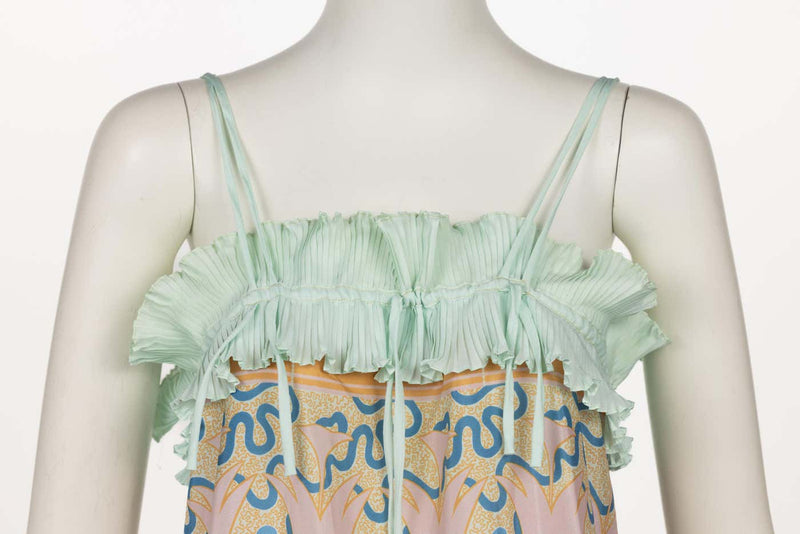 Zandra Rhodes Mint Green Printed Pleated Caftan Dress Set, 1970s