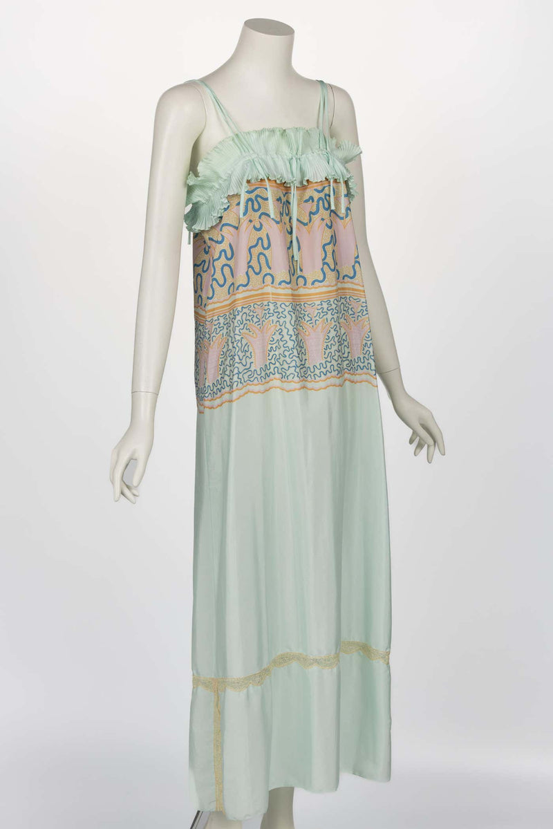 Zandra Rhodes Mint Green Printed Pleated Caftan Dress Set, 1970s