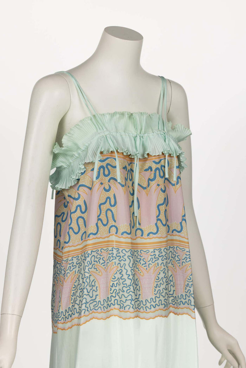 Zandra Rhodes Mint Green Printed Pleated Caftan Dress Set, 1970s