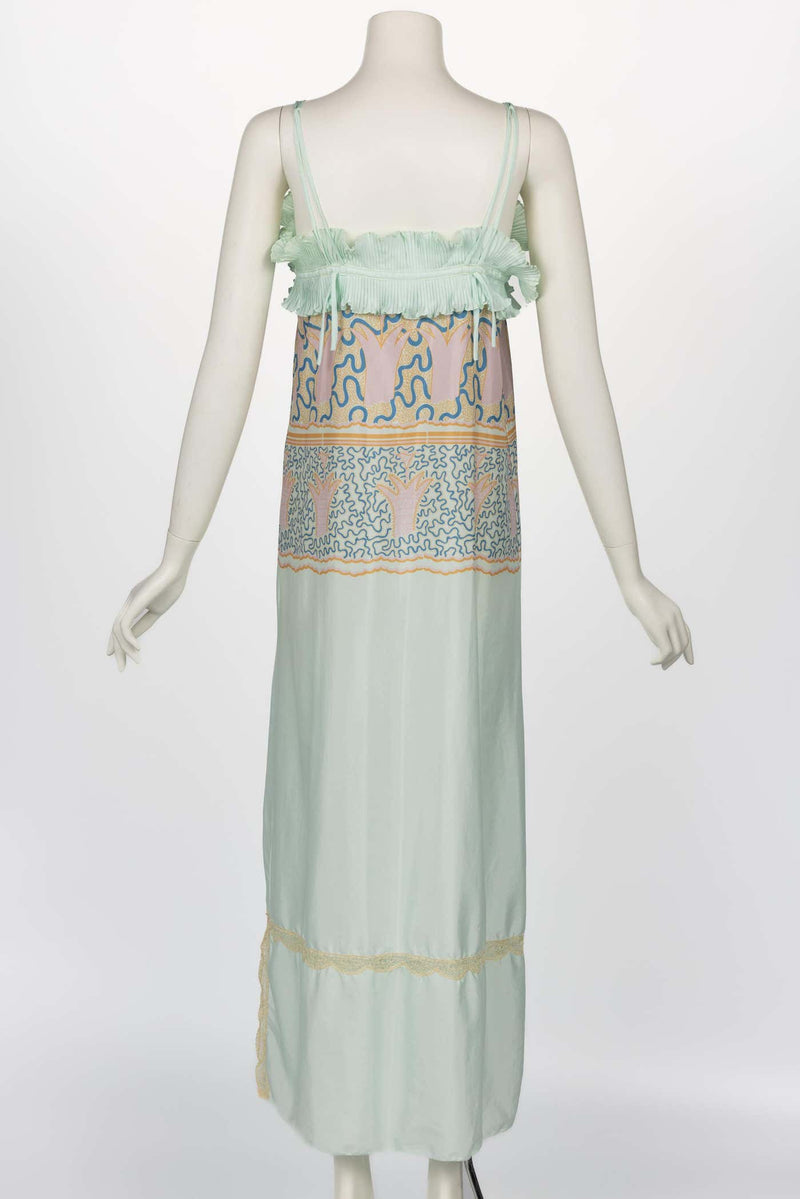 Zandra Rhodes Mint Green Printed Pleated Caftan Dress Set, 1970s