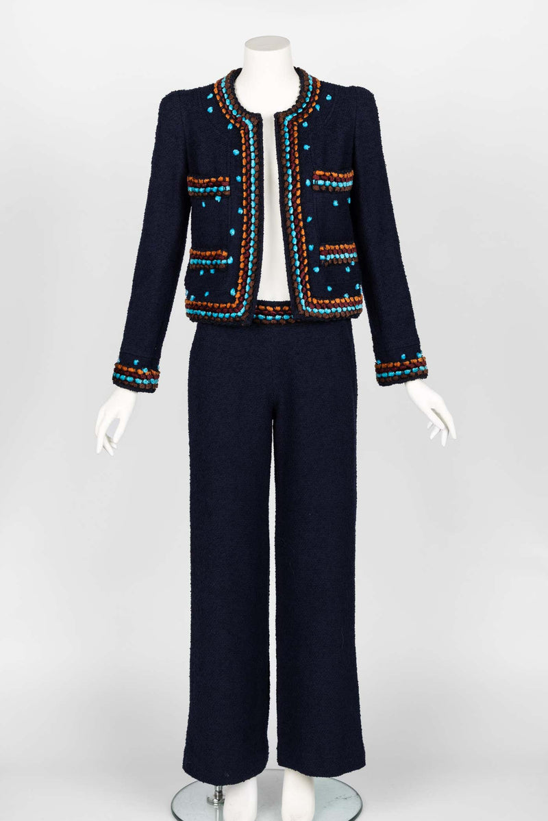 Chanel F/W 1997 Runway Navy Boucle Cropped Jacket Pants Suit