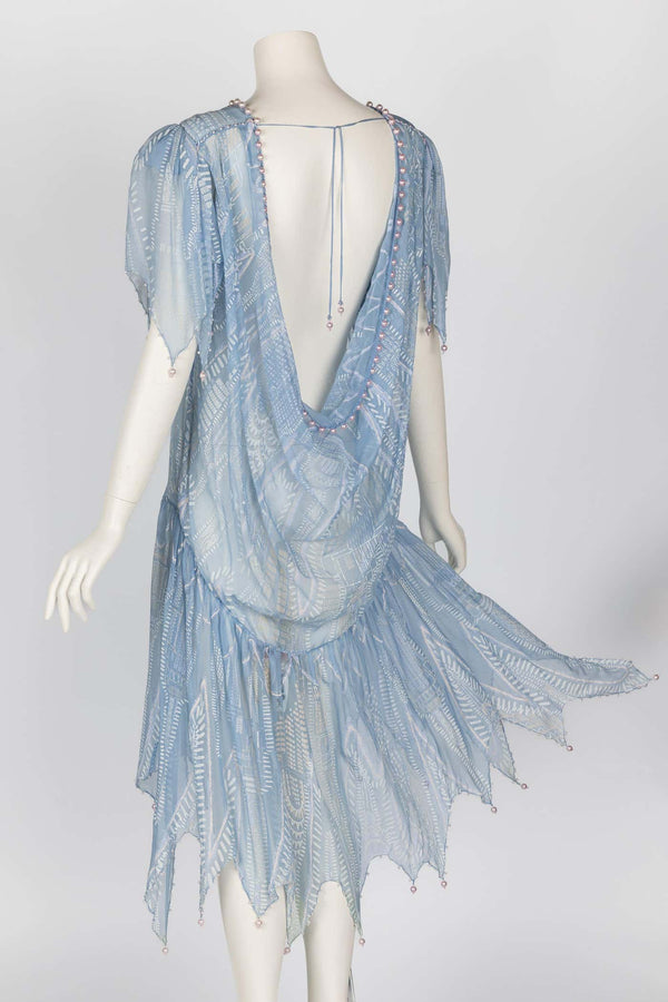 Zandra Rhodes Light Blue Hand Printed Sheer Silk Pearl Beaded Dress Museum Piece