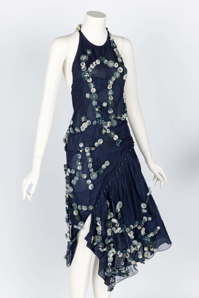 Chloe Blue Silk Embellished Halter Open Back Dress Runway F/W 2008