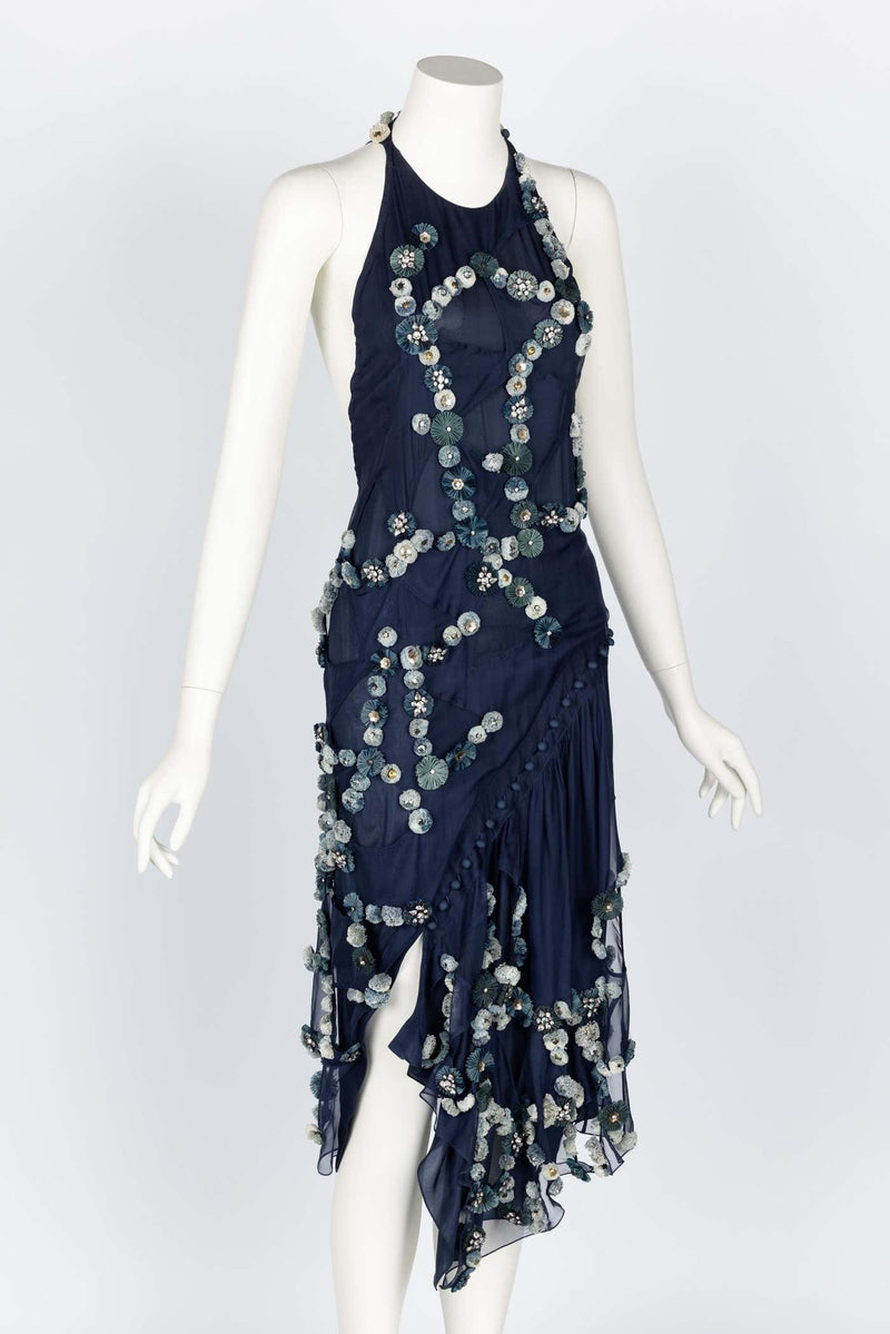 Chloe Blue Silk Embellished Halter Open Back Dress Runway F/W 2008