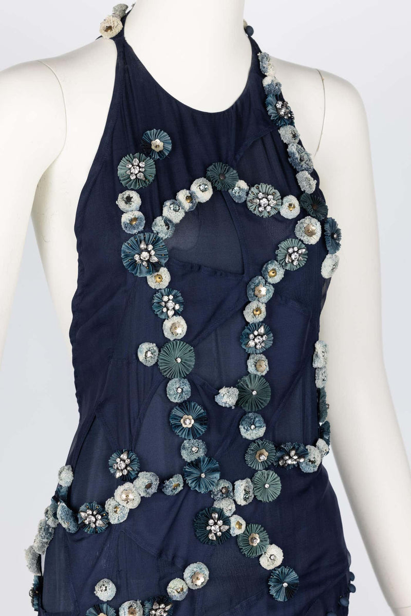 Chloe Blue Silk Embellished Halter Open Back Dress Runway F/W 2008