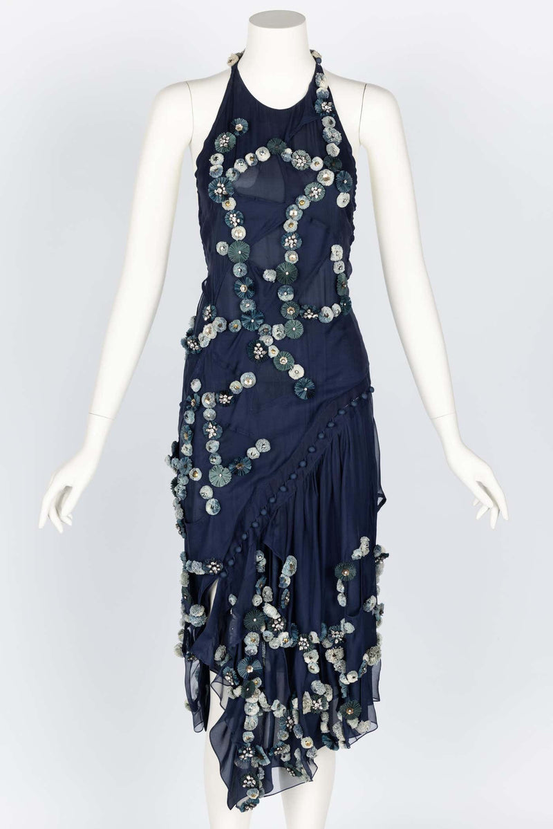 Chloe Blue Silk Embellished Halter Open Back Dress Runway F/W 2008