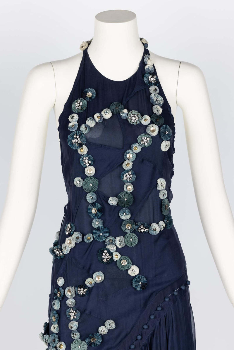 Chloe Blue Silk Embellished Halter Open Back Dress Runway F/W 2008