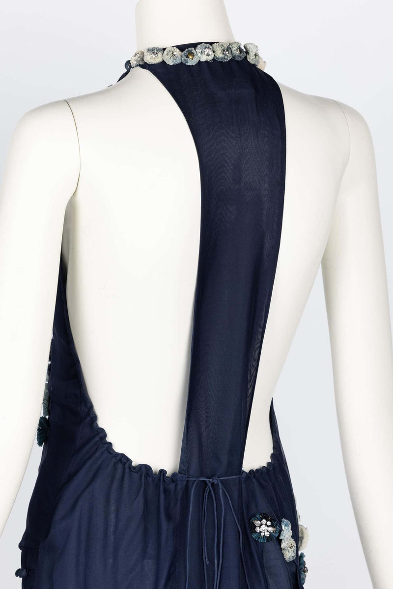 Chloe Blue Silk Embellished Halter Open Back Dress Runway F/W 2008