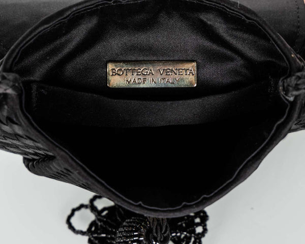 Vintage Bottega Veneta Black Satin Intrecciato Bag with Black Beaded Tassel