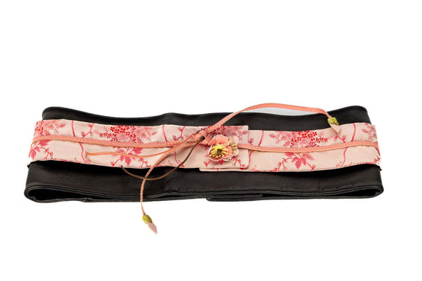 Prada Cherry Blossom Leather Silk Obi Kimono Belt 1990s