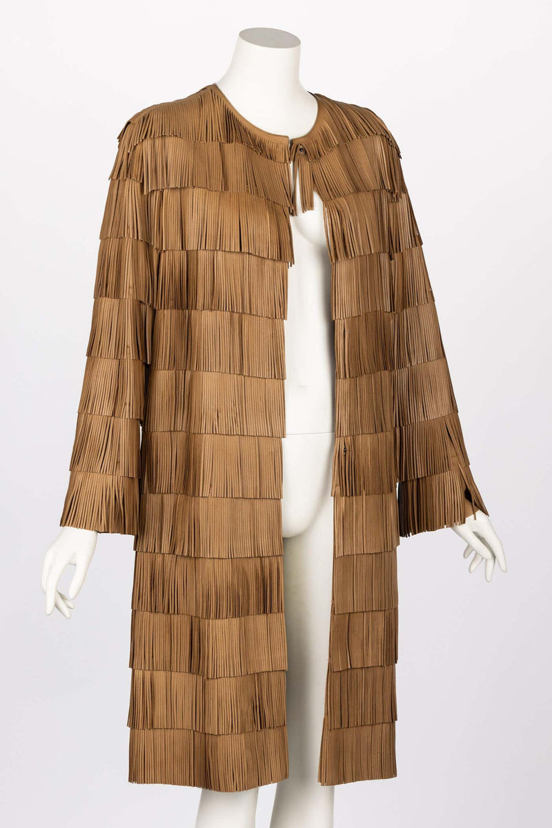 PRADA SPRING 2007 BROWN LEATHER FRINGE COAT RUNWAY LOOK #15