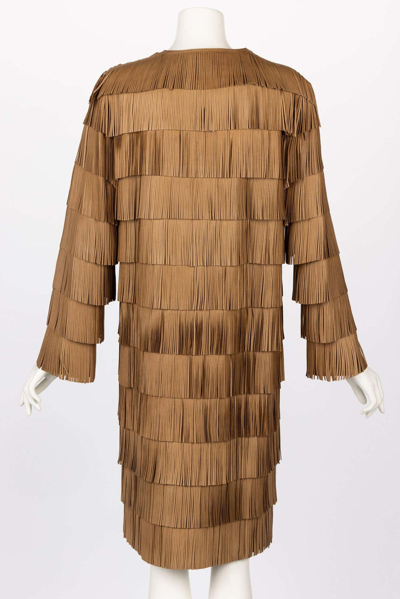 PRADA SPRING 2007 BROWN LEATHER FRINGE COAT RUNWAY LOOK #15