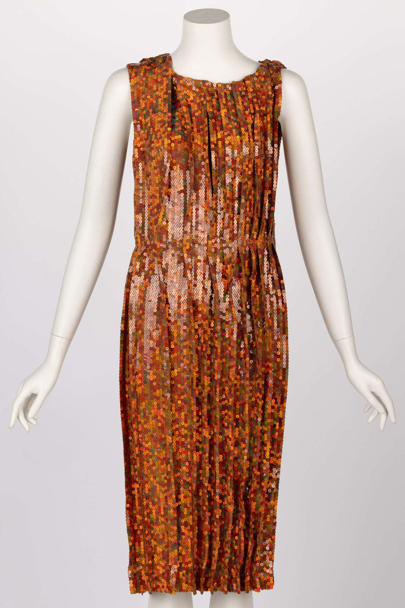 Nina Ricci Sleeveless Orange Copper Sequined Cocktail Sheath Dress, 2016