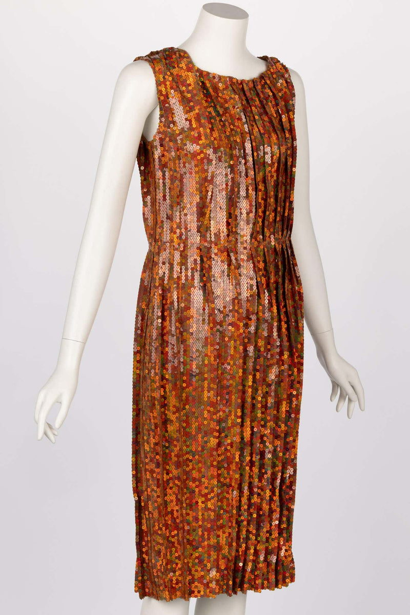 Nina Ricci Sleeveless Orange Copper Sequined Cocktail Sheath Dress, 2016