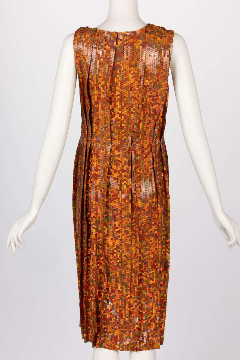 Nina Ricci Sleeveless Orange Copper Sequined Cocktail Sheath Dress, 2016