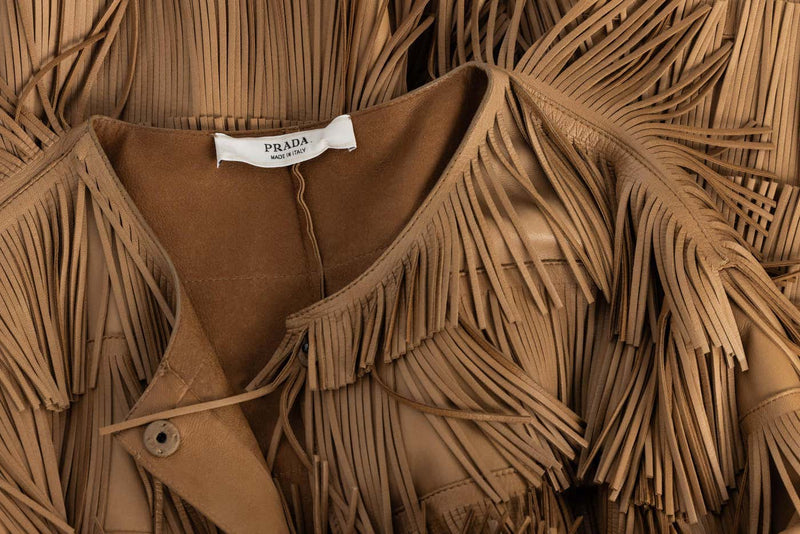 PRADA SPRING 2007 BROWN LEATHER FRINGE COAT RUNWAY LOOK #15