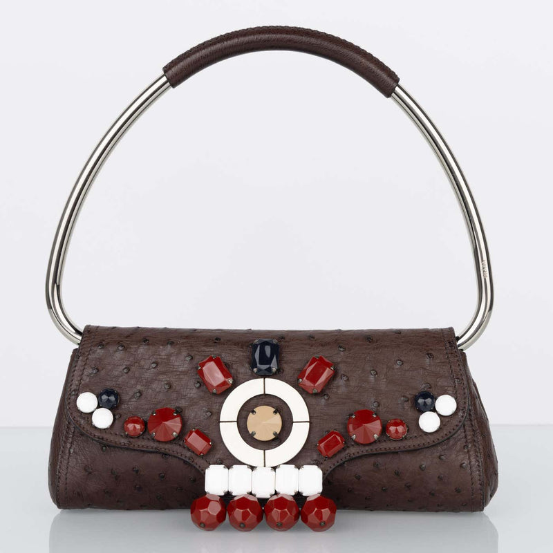 Prada Brown Ostrich Leather Jewel Embellished Swing Bag SS 2003 Archival Piece