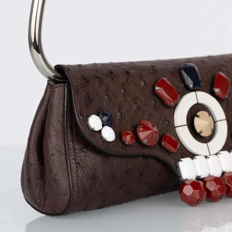 Prada Brown Ostrich Leather Jewel Embellished Swing Bag SS 2003 Archival Piece