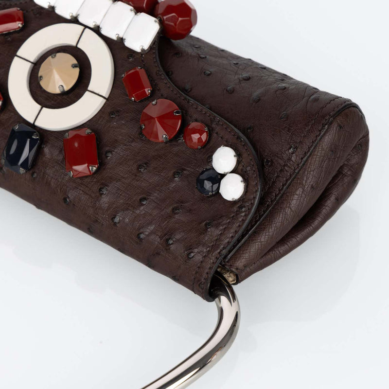 Prada Brown Ostrich Leather Jewel Embellished Swing Bag SS 2003 Archival Piece