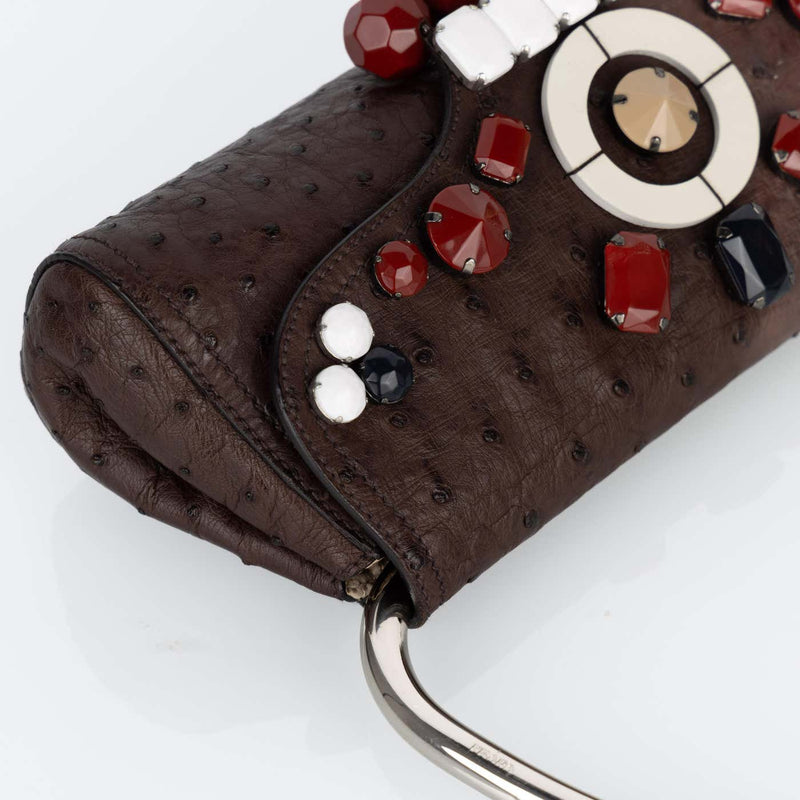 Prada Brown Ostrich Leather Jewel Embellished Swing Bag SS 2003 Archival Piece