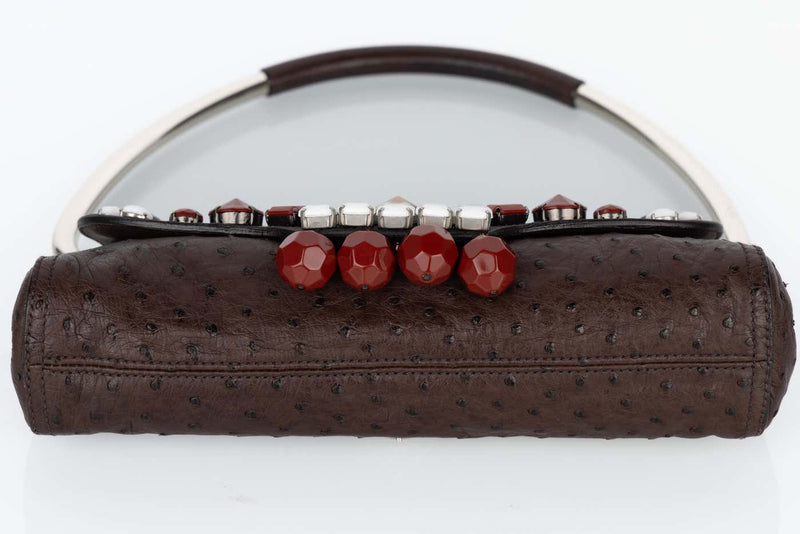 Prada Brown Ostrich Leather Jewel Embellished Swing Bag SS 2003 Archival Piece